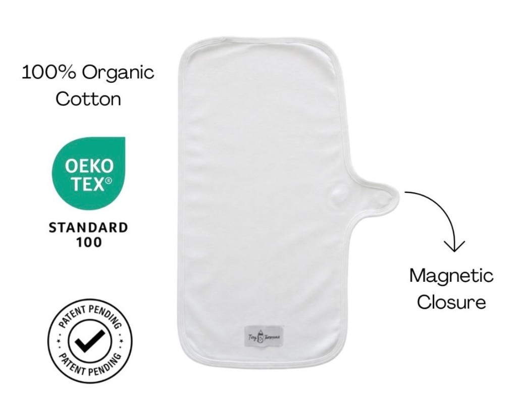 Tiny Tummeaz burp cloth — 100% organic cotton, OEKO-TEX certified, magnetic closure, patent pending